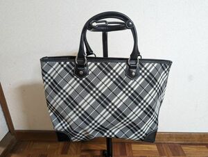 【中古】burberry バーバリー チェック ブラックレザー トートバッグ ハンドバッグ