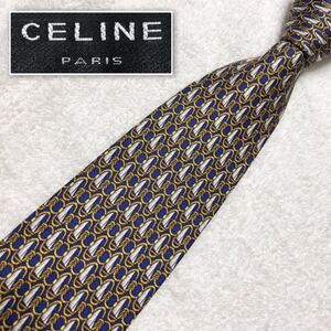 ■美品■CELINE セリーヌ　ネクタイ　マスト　帆　ロープ　網目状　総柄　シルク100% スペイン製　ブルー×ホワイト×ゴールド　ビジネス