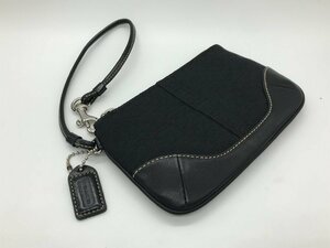 ■【YS-1】 状態良好 ■ コーチ COACH シグネチャー ミニポーチ ■ ブラック 黒系 ストラップ付き 横16cm×縦10cm 【同梱可能商品】K■