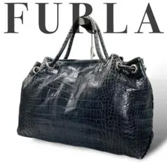 美品 3325 FURLA フルラ A4 ハンドバッグ クロコ型押し ブルー