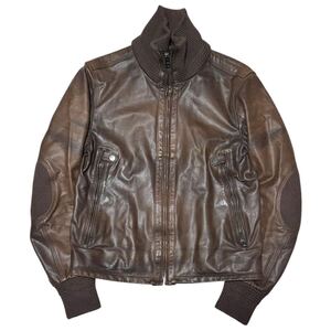 イタリア製 ジャンカルロロッシ GIAN CARLO ROSSI メンズ46 ジップアップレザージャケット リブニット 茶系 y2k leather gimmick jacket