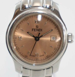 ◆ FENDI / フェンディ QZ腕時計 210L デイト 3針 ピンクオレンジ文字盤 シルバー系 ラウンドフェイス ヴィンテージ 145022