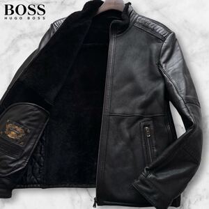 超弩級!!!◆幻のオーストリッチ使用×極上リアルムートン◆ヒューゴボス HUGO BOSS ラムレザー 最高級羊革 ジャケット ブラック 黒 52 XL位