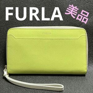 【s330】美品 FURLA フルラ 牛革 長財布 グリーン系 リストレット付き ラウンドファスナー