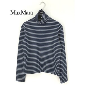 A9465/美品 春夏 MAXMARA WEEKEND マックスマーラ コットン ストレッチ ボーダー タートルネック 長袖 Tシャツ カットソー M 紺 レディース