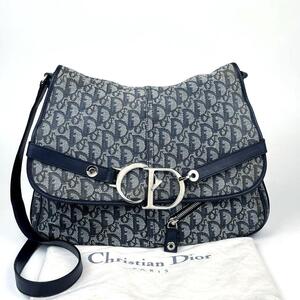 【人気】Christian Dior ディオール ショルダーバッグ CD金具 トロッター 総柄 シルバー金具 斜め掛け レザー キャンバス 紺 ネイビー