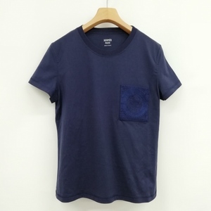 エルメス HERMES 3E4620DL 美品 ロゴエンブロイダリー H 刺繍 ポケット Tシャツ カットソー 半袖 38 ネイビー レディース