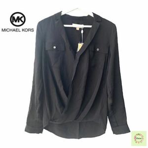 【新品】確実正規品 MICHAEL KORS マイケルコース Vネック 襟付き ブラウス シャツ　ブラック 黒 レディース