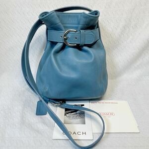 【比較的美品】coach コーチ　オールドコーチ　USA オールレザー本革　巾着　斜めがけショルダーバッグ　説明書あり　ブルー　ミニバッグ