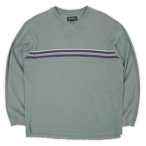 エディーバウアー Eddie Bauer 00s ライン入り Vネック L/S ニットソー ロンT 長袖 アウトドア USA 古着 (-3985) グリーン L