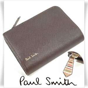 新品1円～★ポールスミス Paul Smith 箱付き牛革 レザー 小銭入れ財布 4連キーケース コインケース ジップストローグレイン２茶◆3503◆