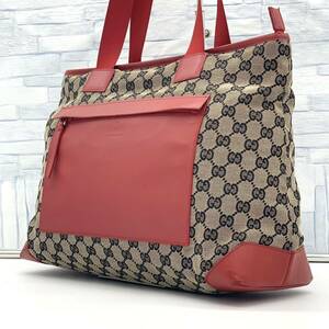 美品●GUCCI グッチ GG柄 GGキャンバス レザー トートバッグ ショルダーバッグ レディース ブラウン系 ビジネス メンズ 肩掛け シマ 1円 赤