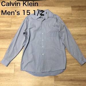 【送料無料】Calvin Klein 長袖シャツ　青ストライプ柄　メンズ15 1/2サイズ　カルバンクラインワイシャツ