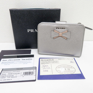 プラダ PRADA リボン コンパクト財布 二つ折り財布 1M0523 シルバー系 中古美品 [質イコー]