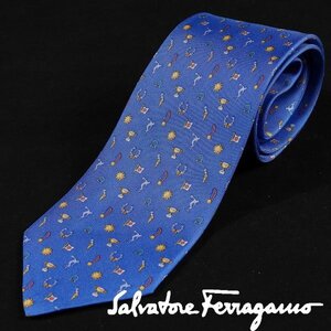 新品1円～★定価2.5万 Salvatore Ferragamo サルバトーレ フェラガモ イタリア製 シルク絹100％ ネクタイ 織柄 ブルー 正規店本物◆A1205◆