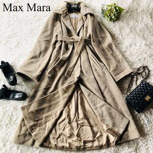 美品 Max Mara マックスマーラ ベルテッドコート ロング カシミヤ混 女優襟 Aライン ベルト着脱可能 2WAY 白タグ ベージュ 38 M