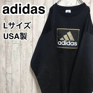 adidas アディダス スウェットトレーナー USA製 L ブラック ゴールド 刺繍ロゴ ビッグロゴ ビッグサイズ オーバーサイズ 90s 国旗タグ