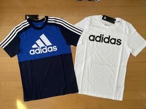 新品 送料込み!! 160 2枚 adidas アディダス 快適!! ビッグロゴカラーブロックＴシャツ(ネイビー/ブルー) リニアロゴ(ホワイト 白/黒) 即決