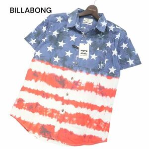 【新品 未使用】 BILLABONG ビラボン 春夏 星条旗 プリント総柄★ 半袖 ストレッチ シャツ Sz.M　メンズ　I4T01298_4#A