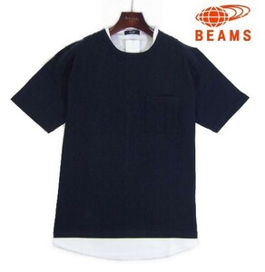 F火06324新品▼ ビームス フェイクレイヤード 半袖Tシャツ 【 L 】 半袖カットソー 重ね着 Tシャツ BEAMS 紺系