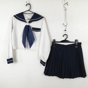 1円 セーラー服 ミニスカート スカーフ 上下3点セット M 大きいサイズ 中間服 白1本線 女子 学生服 鹿児島鶴丸高校 白 中古 ランクC NA0148