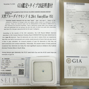 新品 GIA鑑定書+タイプ2b証明書付 天然ストレートブルーダイヤモンド ルース 0.28ct FB VS1 SELBY