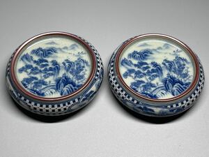 新品 茶道具 中国美術 深山訪友図 手描き 蓋置 景徳鎮製 氷裂紋 蓋托 厚重