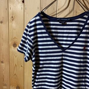 [KWT4113] RALPH LAUREN Vネック半袖Tシャツ レディース ネイビーボーダー L ポス