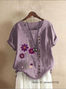 美品 M-4XLサイズ 夏美品 カジュアル 綿麻 半袖 チュニック ゆったり 花柄 大きいサイズ シャツブラウス 紫お色選択可