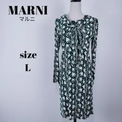 【a621】MARNI マルニ 美品 長袖 ワンピース 薄手 40 総柄 緑 白