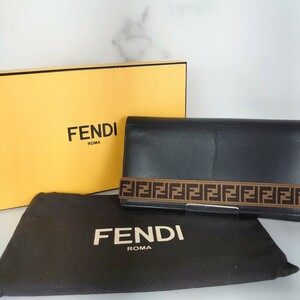 1円 美品 FENDI フェンディ ズッカ ゴムバンドFFロゴ 長財布 黒 レザー メンズ 財布 7M0268