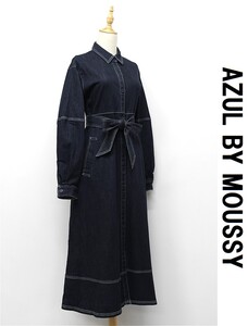 ZO-F418/美品 24SS AZUL BY MOUSSY アズールバイマウジー 配色ステッチデニムシャツワンピース ドレス ウエストベルト ストレッチ M 紺 青