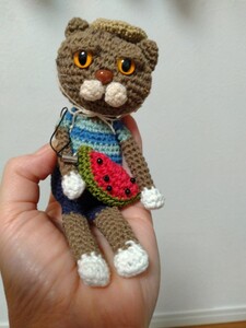 作家様☆ ハンドメイド トラ猫君 あみぐるみ ぬいぐるみ■麦わら帽子 スイカ付き♪