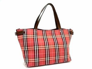 1円 ■美品■ BURBERRY バーバリーブルーレーベル ノバチェック キャンバス×レザー トート ハンドバッグ ピンクレッド系 BI4600