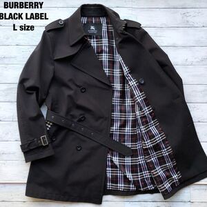 美品/Lサイズ/ノバチェック◎バーバリーブラックレーベル トレンチコート 黒 ダブル ベルト 日本製 メンズ BURBERRY BLACKLABEL