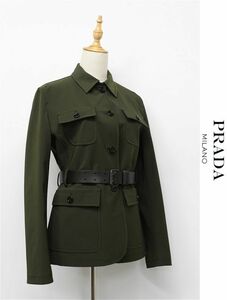 HGS-P235/PRADA サファリジャケット ミリタリージャケット カバーオール コート レザーベルト 本革 44 XL ダークグリーン イタリア製 秋冬