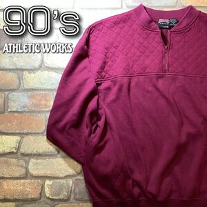 ★90’s 韓国製★USA古着★【ATHLETIC WORKS アスレチックワークス】ハーフジップ キルティング切替 スウェットシャツ【XL】エンジ LA1-097