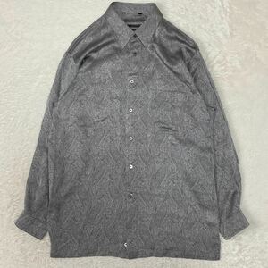 ライカ vintage シルクシャツ　絹　 柄シャツ ヴィンテージ Lサイズ 日本製 メンズ 古着 グレー 光沢 シルク100％ ペイズリー柄　長袖