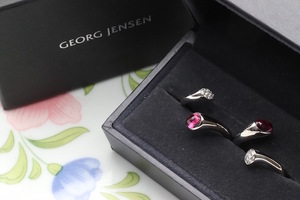 新品仕上げ□GEORG JENSEN ジョージジェンセン ２連リング ピンクトルマリン1.263ct ×2 ダイヤモンド 化粧箱付 GR1620