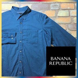 ME9-591★USA買付商品★良品★【BANANA REPUBLIC バナリパ】肌触り◎ 長袖 柄シャツ【メンズ M】群青色 総柄シャツ 長袖シャツ 古着