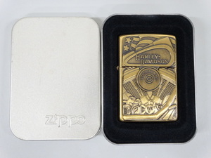 新品 未使用 2000年製 ZIPPO ジッポ SOLID BRASS ハーレーダビッドソン トリック イーグル エンジン 立体 メタル貼り ゴールド 金 ライター