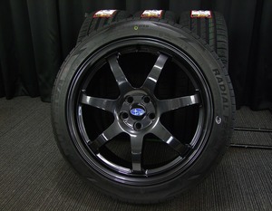 [中古リペアアルミ新品サマー4本] 7.5J+53PCD100スバルキャップ軽量ガンメタ2024年225/45R18レガシィツーリングワゴンB4エクシーガ極上美品