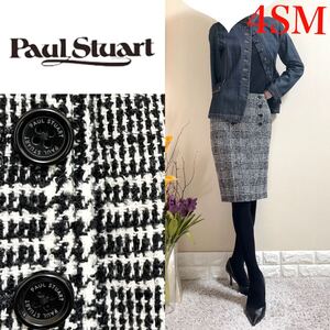 美品！Paul Stuart ポールスチュアート　あったか　起毛ウール　グレンチェック フロントロゴボタン　美脚　スカート　4 SM 黒　日本製