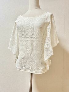 美品★MINIMUM MINIMUM/ミニマム ミニマム/ワールド★夏物 総レース カットソー フレアー袖 トップス★白系★2 / M　送料185円