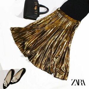 美品 ZARA woman ザラ ■ 合物 艶 ロング丈 軽やか プリーツフレアスカート ロングスカート S ゴールド ブラック 黒 派手 プリーツスカート