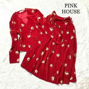【美品】PINK HOUSE セットアップ ツーピース 長袖 赤 花柄 ローズ