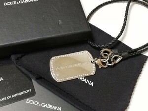 美品 DOLCE&GABBANA ネックレス ペンダント ドルガバ ドックタグ ラインストーン ドルチェ&ガッバーナ レザー シルバー 