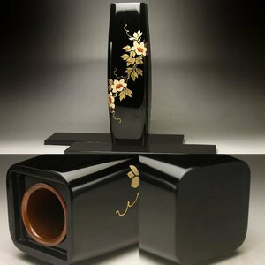 【余韻】 天然木製 花文 漆塗 花器★敷板2枚 華道具 化粧箱 ＜同梱可＞