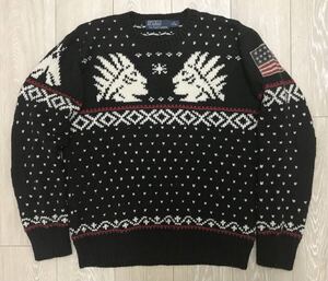 美品 90s Polo Ralph Lauren ラルフローレン Indian Wool Knit インディアン柄 ニット セーター 星条旗 正規品 ダークブラウン サイズ M