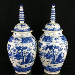 1~PP7300 中国磁器 陶芸 磁器『大明成化青花手画人物故事蓋缶』施釉陶 古代工芸品 陶芸 精美彫 置物 收藏品